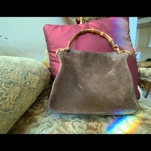 Auth GUCCI Brown Suede Leather w Bamboo Handle